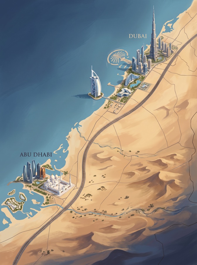 Illustrated map of the Etihad Rail line following the coast between Dubai and Abu Dhabi